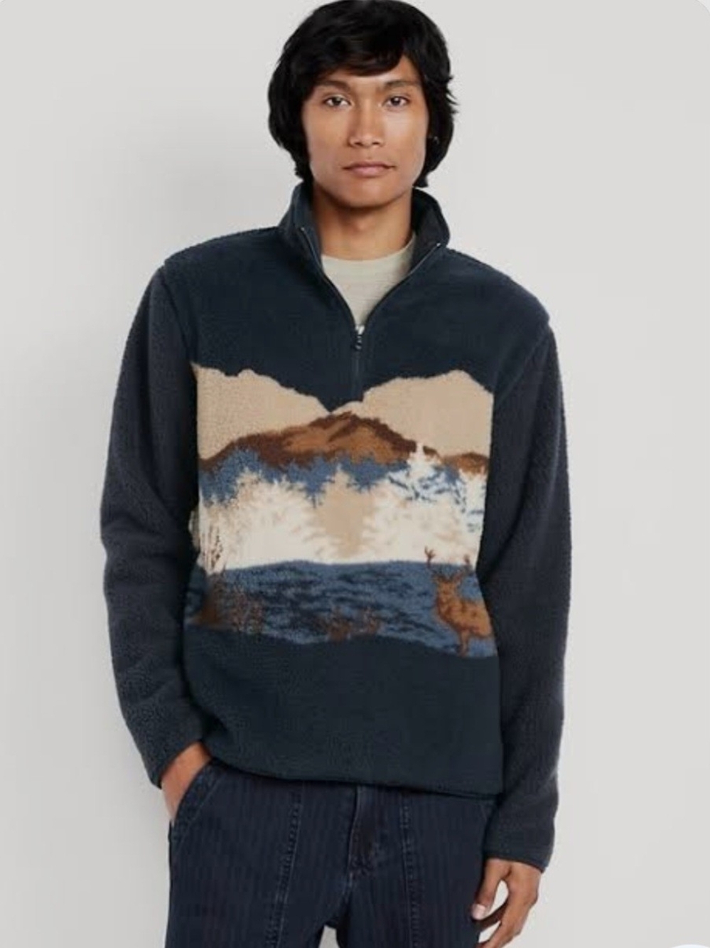 Old Navy Viral  Deer/Reindeer Scenic Quarter-Zip Sherpa Pullover Size Men's XL